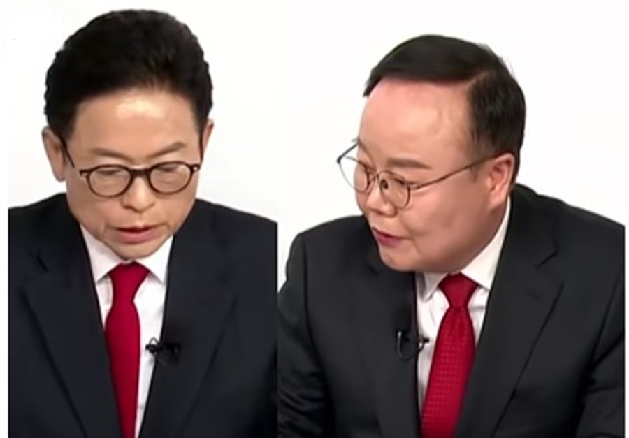 토론 중인 이철우 지사와 김재원 후보의 방송 화면
