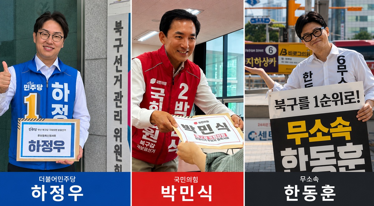 부산 북구갑 보궐선거 후보인 하정우·박민식·한동훈 후보 모습